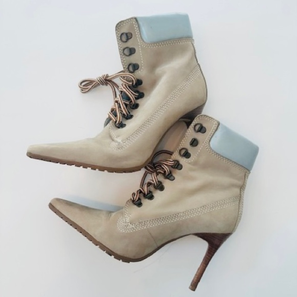 ROBERTO VIANNI Boots Sexy Tan Suede Wood High Heel Laces Sz 40 9.5 NEW